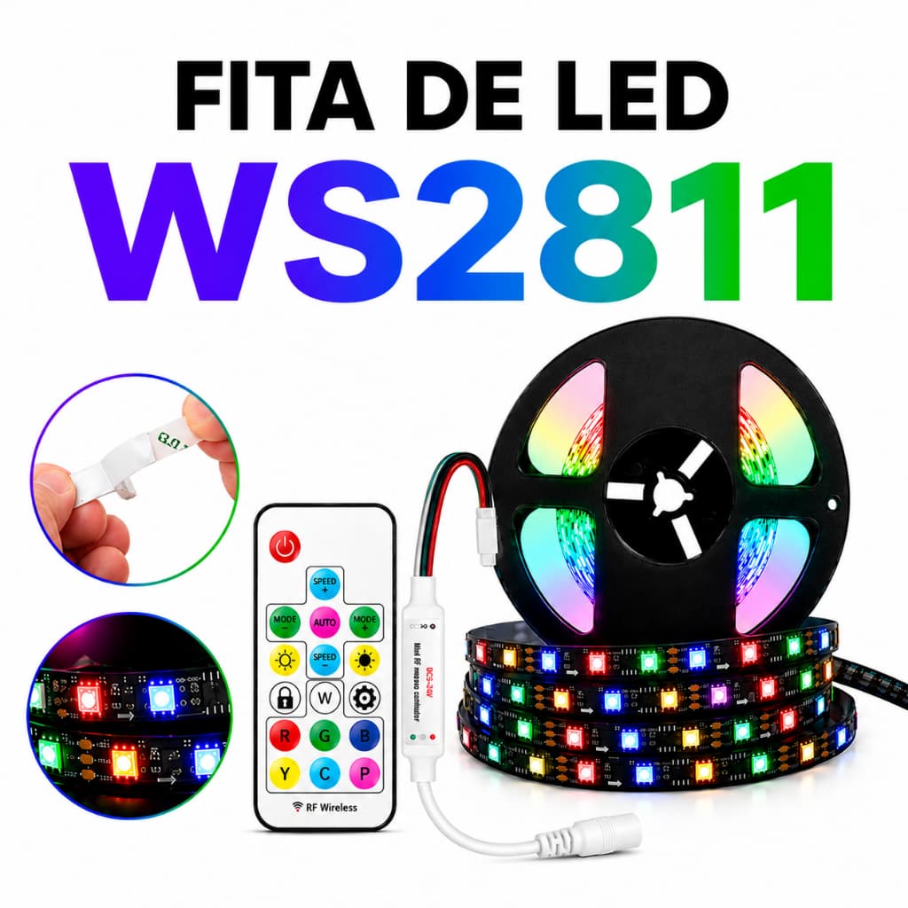 Fita de Led com Controle Remoto Central WS2811 Rgb Digital Endereçável Rolo 5m 300 Leds IP20 12v