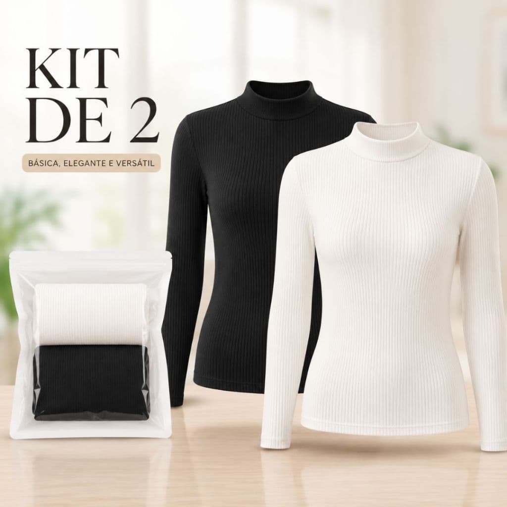 Kit 2 Blusas Femininas Cacharrel Canelada Básica Manga Curta Gola Alta Moda Casual