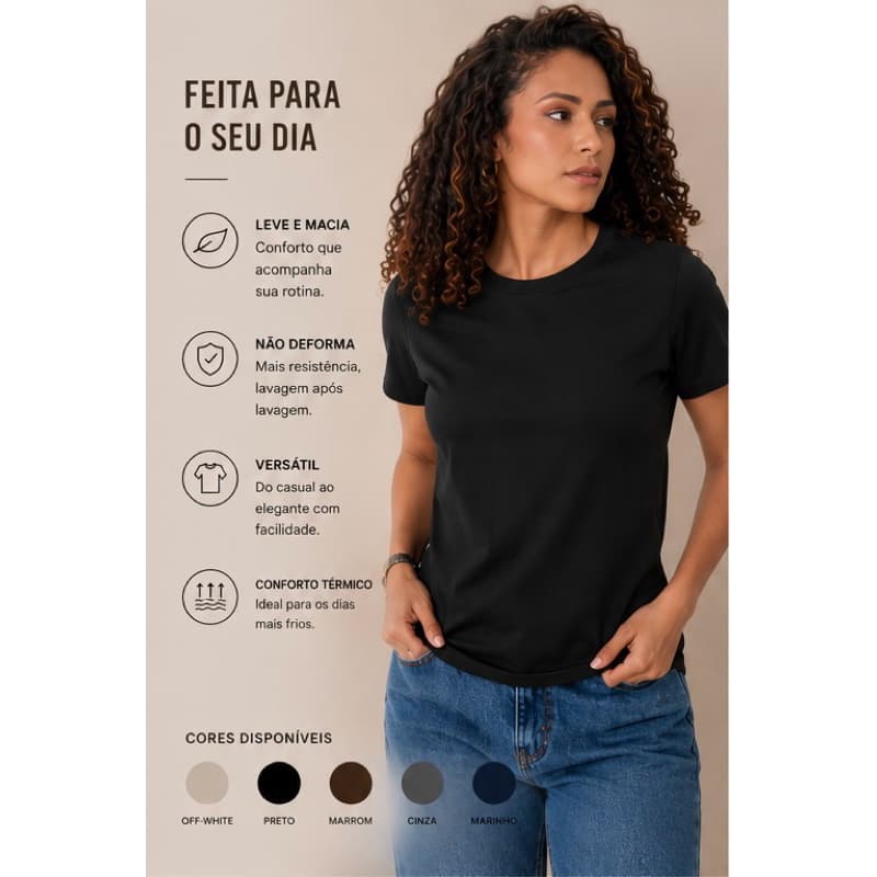 T-shirt Basica Feminina, Lisa sem estampa, 100% Algodao fio 30.1 Gola em Ribana.