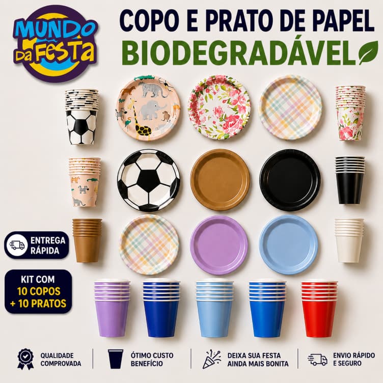 Kit Festa Papel Biodegradável Completo Descartável Copos Pratos Múltiplas Cores