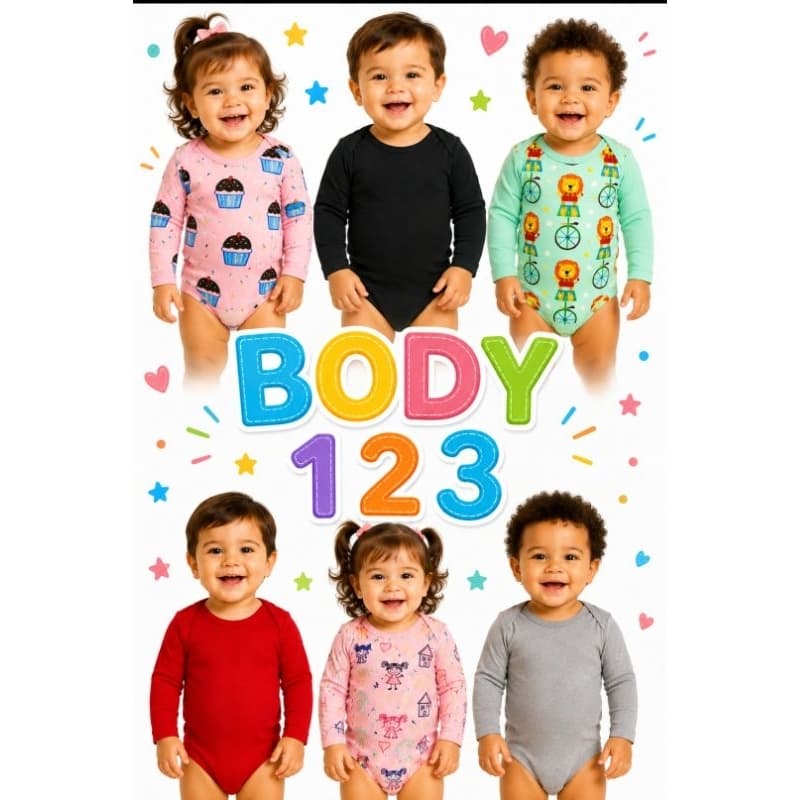 Body Liso Tamanhos 123 de 1 ano a 3 anos 1-2-3 Primeiros Passos 100% Algodão Liso Manga Longa