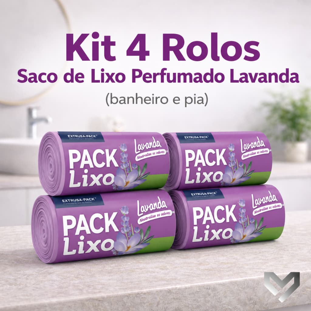 Kit 4 Rolos Saco Lixo 8L Lavanda 160 Unidades 34x38 Resistente Perfumado Banheiro Pia Cozinha Neutraliza Odores