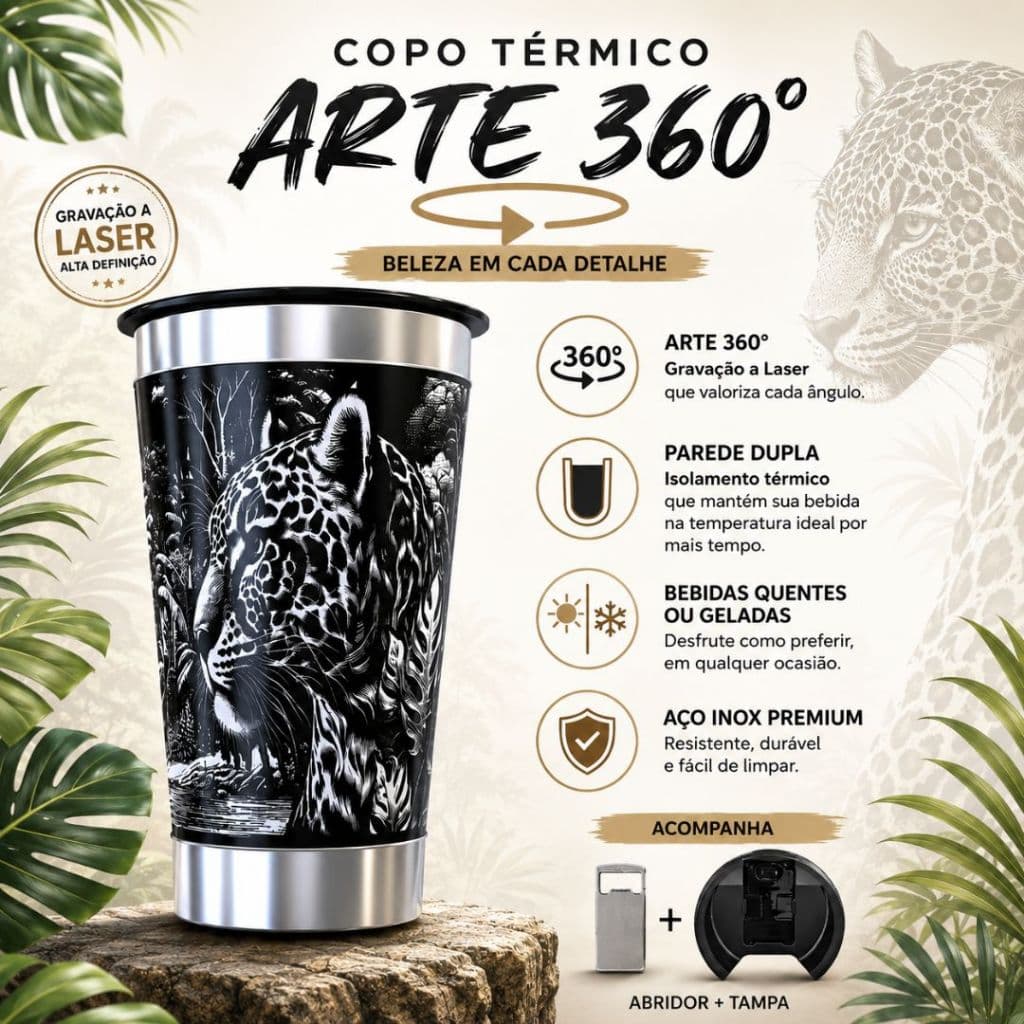 Copo Térmico 473ML com arte 360º graus ARTE a Laser Tema: PESCADOR E ONÇA COPO CUIA LONG NECK 6 EM 1