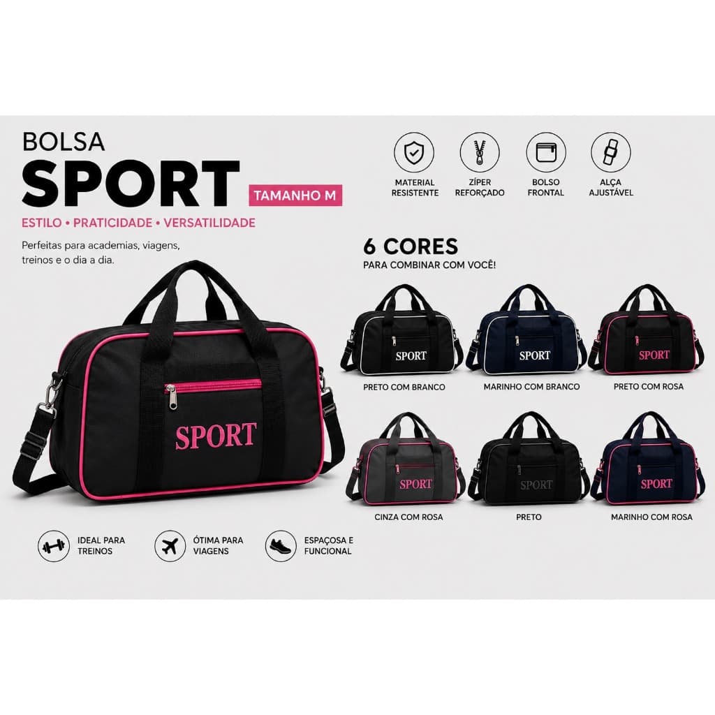Bolsa Sport M Multifuncional Leve, Espaçosa e Resistente para Academia/Viagens/Passeios Preto  Detalhes Rosa