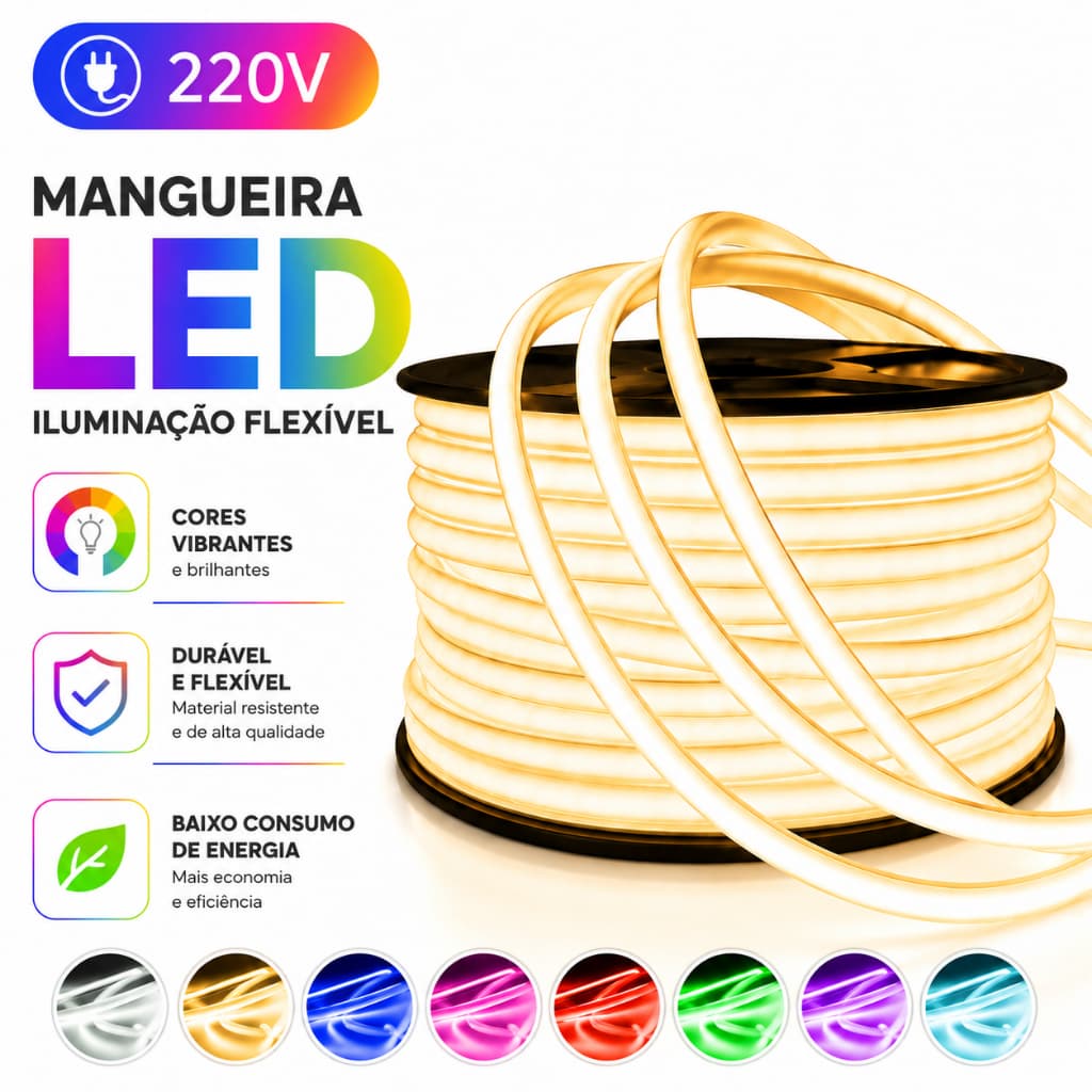 Mangueira Led Neon Chata Cob 220v Rolo com 100m Luminosa com 288 Leds por Metro Direto na Energia