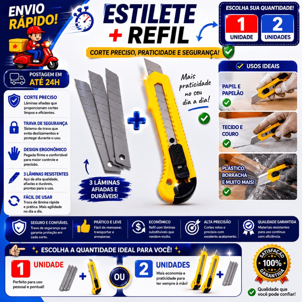 Estilete + 3 LâmInas Metal Reforçador 1 ou 2 Unidades Afiado Corta Caixas Papelão Papel Tecido Plástico