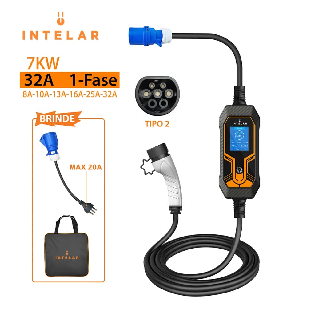 Carregador EV portátil 7KW 32A Type2 IEC62196-2 EVSE Caixa De Carregamento Cabo De Carregamento De 5m Para Estação