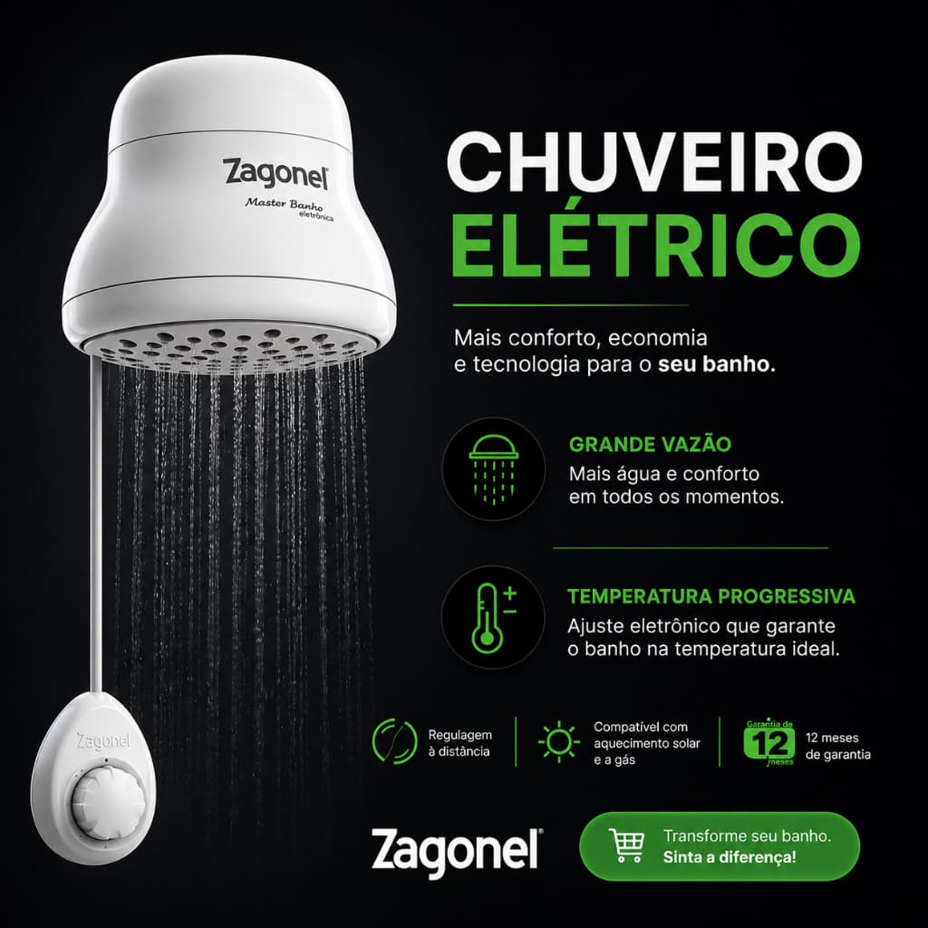 Chuveiro Eletronico Branca Ducha Elétrica  127V Chuveiro Confort Elétrico Zagonel Chuveiro 7500W