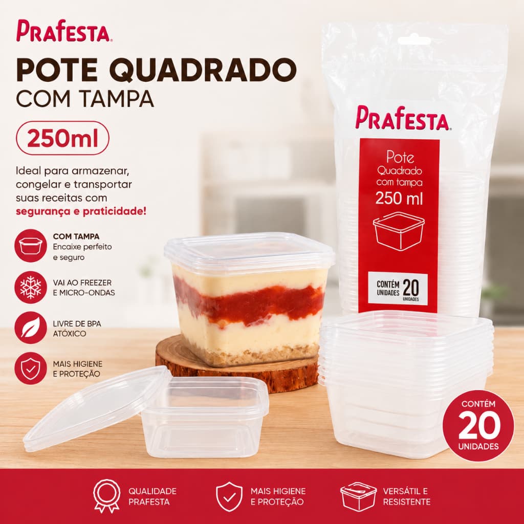 POTE QUADRADO 250ML COM TAMPA POTE DE BOLO SALADA DE FRUTA 20 UNIDADES BPA FREE PRAFESTA