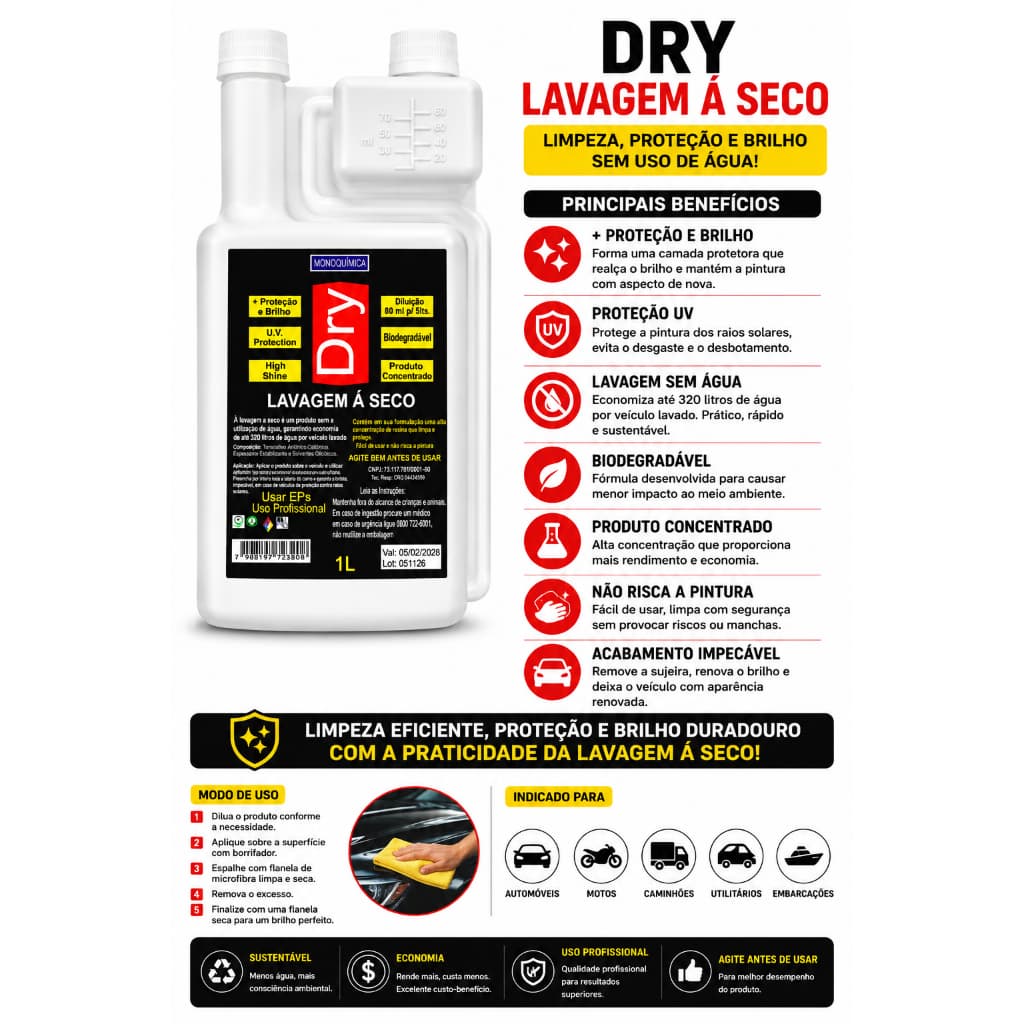 Lavagem a Seco Dry 1L Concentrado Limpeza Proteção UV e Alto Brilho