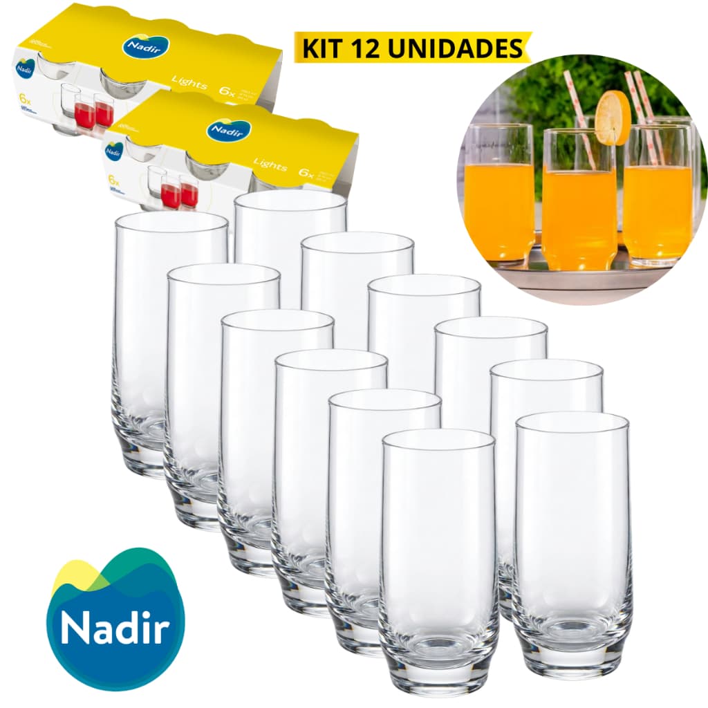Jogo 12 Copos de Vidro Lights Suco Água Cerveja 300ml Nadir