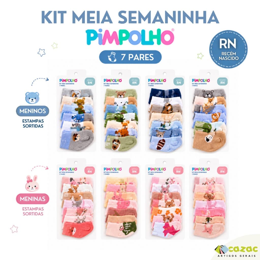 Kit Meia Semaninha Bebê Pimpolho Recém Nascido RN Menino Menina Unissex Estampada
