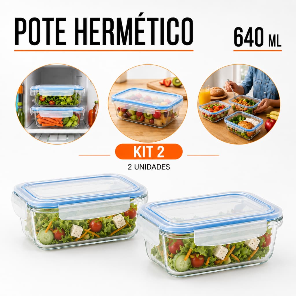 Kit 1 ou 2 Potes de Vidro Herméticos 640ml - Marmita Fitness Reutilizável - Tampa com 4 travas