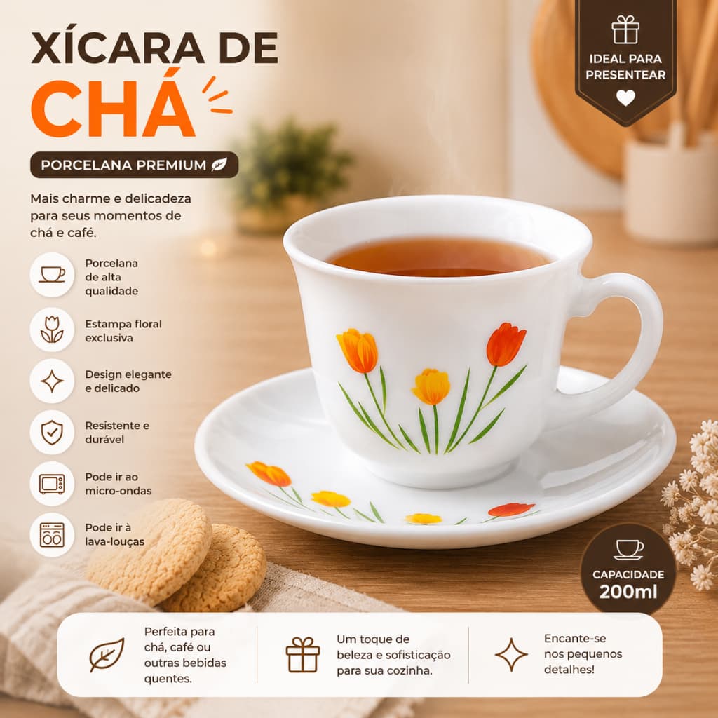 Conjunto De Xícaras De Chá Com Pires 12 Peças Branco Tulip Garden Café Premium
