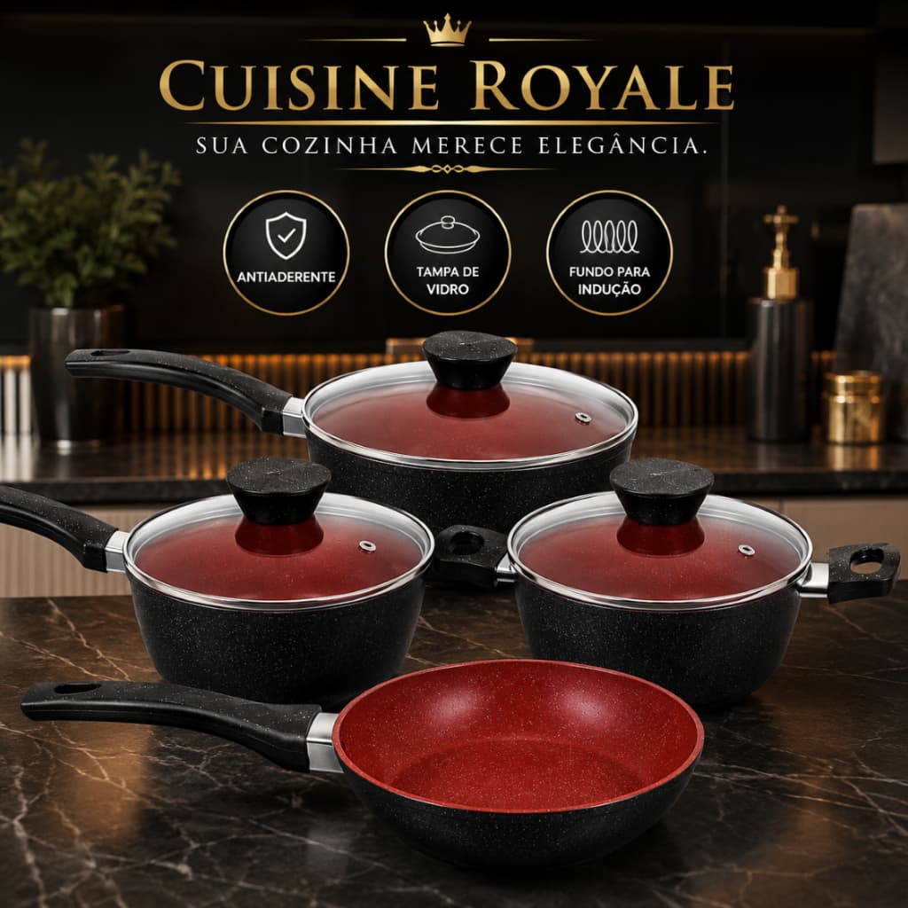 Jogo de Panelas Antiaderente 4 Peças com Tampa de Vidro e Fundo para Indução Preto Vermelho - Cuisine Royale™