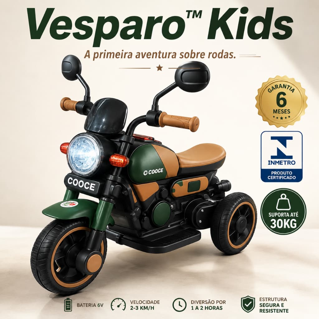 Moto Elétrica Infantil 6V Retrô Com Farol LED Triciclo Elétrico Criança Até 30kg Verde - Vesparo™ Kids
