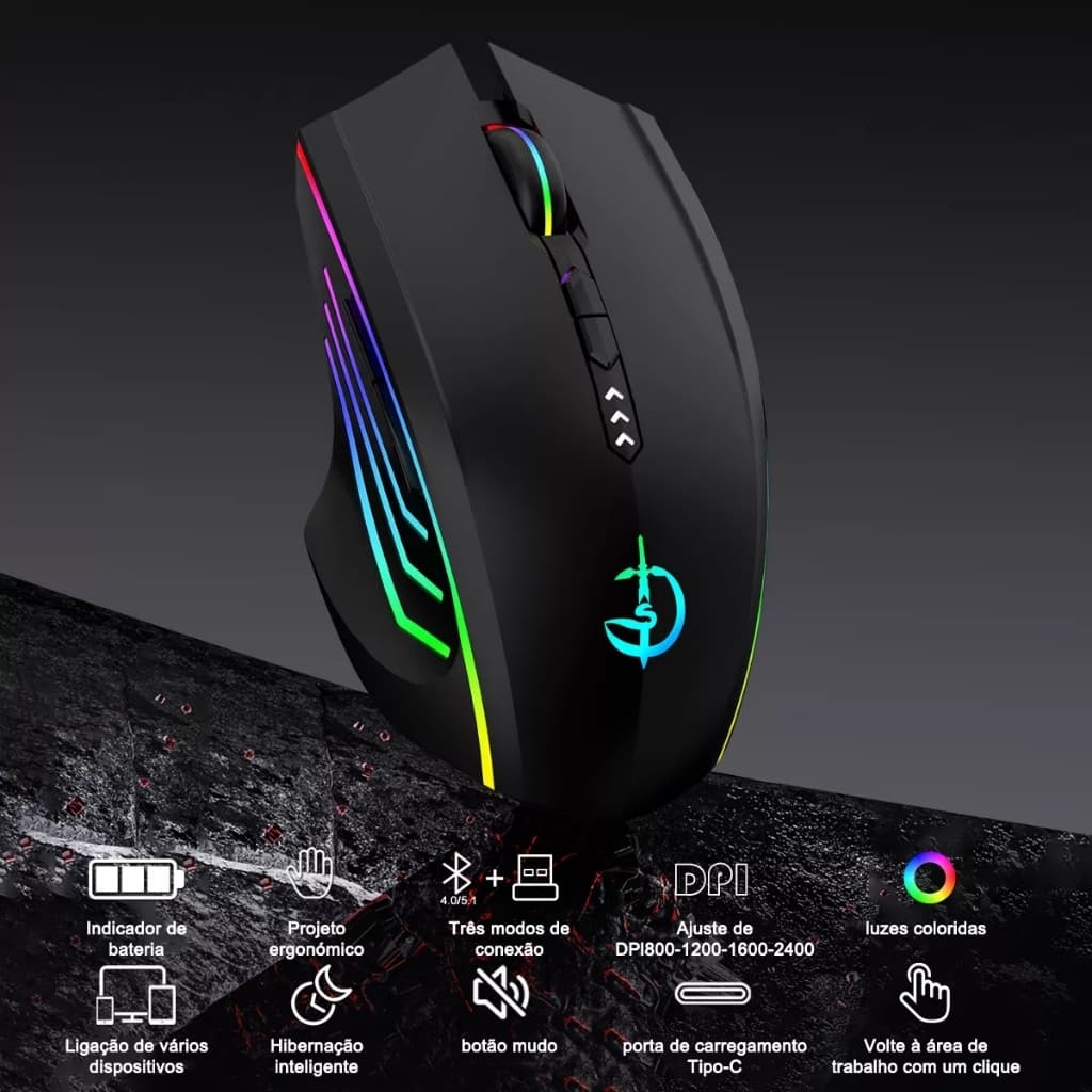 Mouse gamer sem fio Bluetooth com conectividade tri-mode, design ergonômico e ajuste de DPI em quatro níveis.