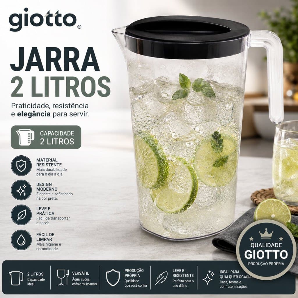 Jarra Cristal 2L Transparente com Tampa Preta Água Suco Refrigerante Cozinha Resistente Giotto Casa Mesa Bar Giotto