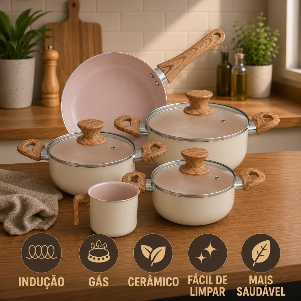 Jogo De Panelas Indução Antiaderente Kit 5 Pçs Cerâmica Bege