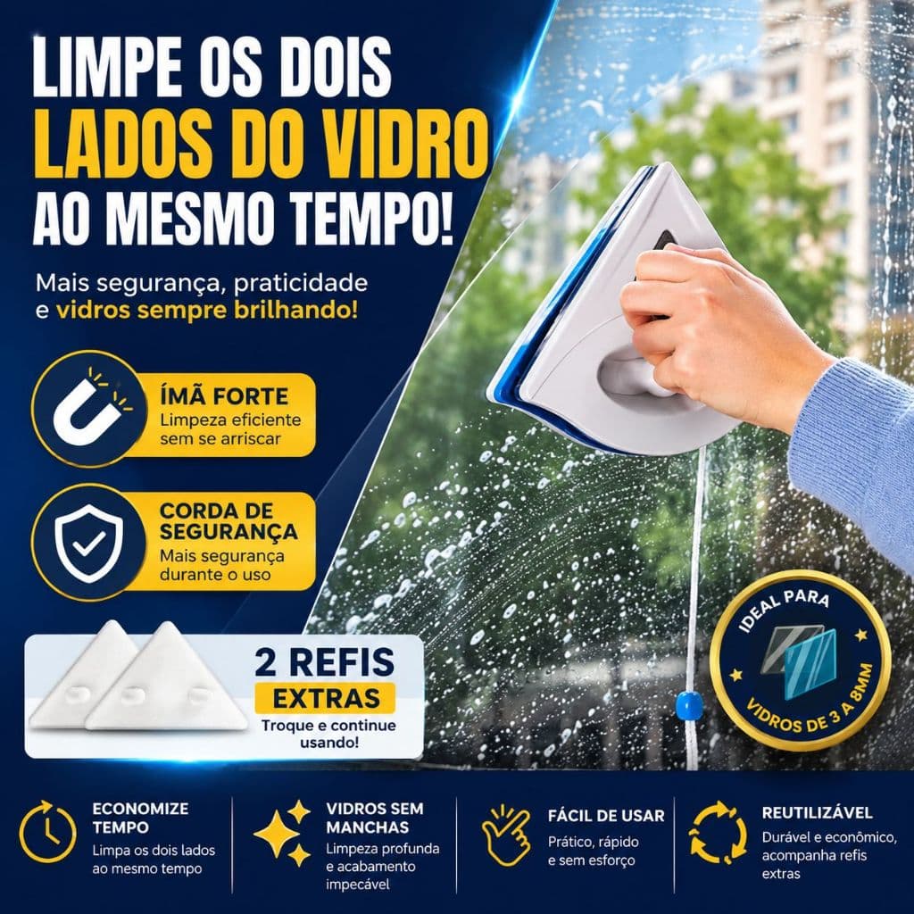 Limpa Vidro Magnético Dupla Face com Super Imã Mágico e Corda de Segurança Limpador Aquários Janelas