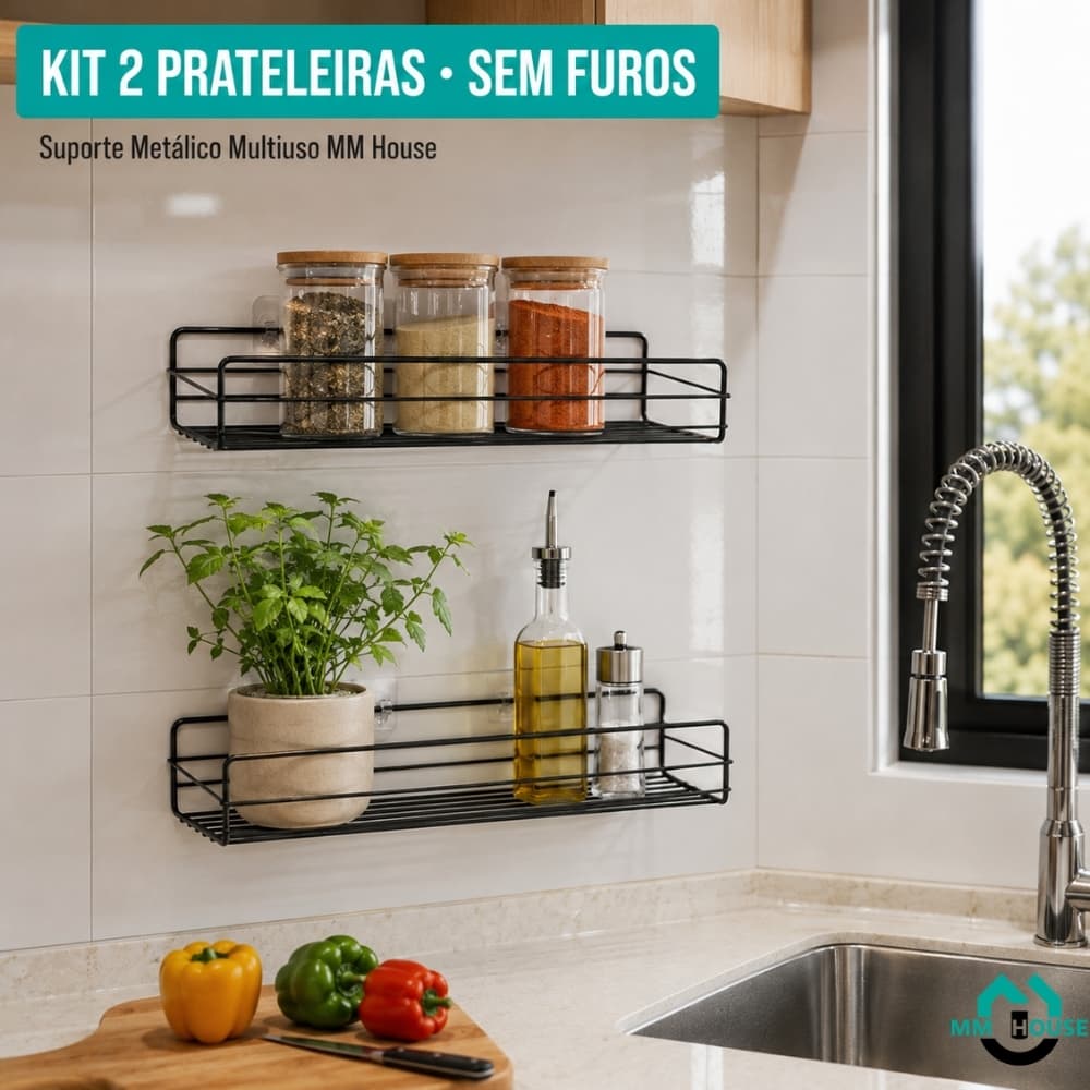 Kit 2 Prateleiras Multiuso Banheiro Cozinha Lavanderia Quarto Parede sem Furos Preto