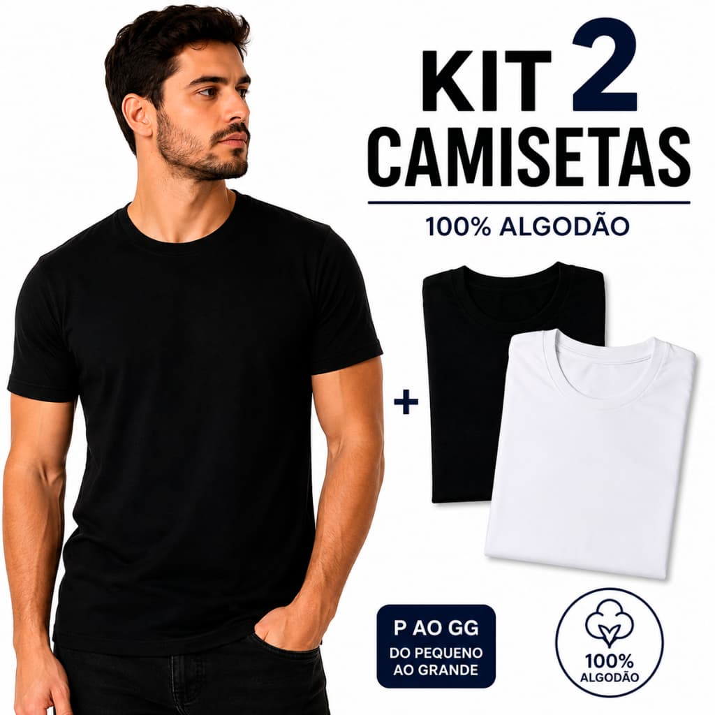 Kit 2 Camisetas Masculinas Básicas 100% Algodão Lisa Premium Preta e Branca