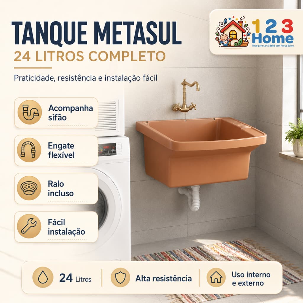 Tanque de Lavar Roupas 24 Litros Completo com Sifão, Engate e Ralo para Lavanderia