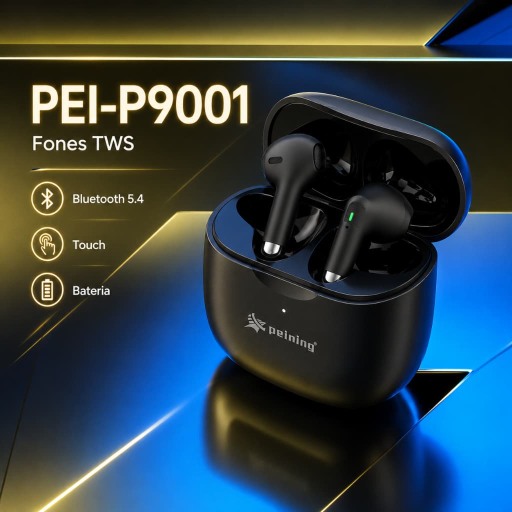 Fone De Ouvido Bluetooth 5.4 Peining PEI-P9001 TWS Sem Fio Com Case Recarregável