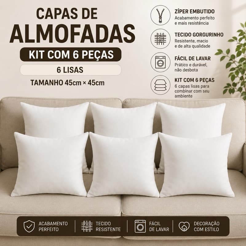 Kit com 6 capas p\ Almofadas Decorativas com Zíper