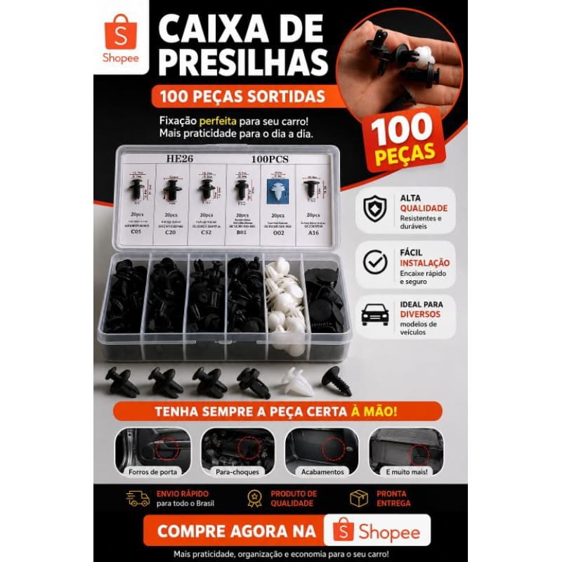 KIT CAIXA DE PRESILHAS AUTOMOTIVAS – 100 PEÇAS SORTIDAS