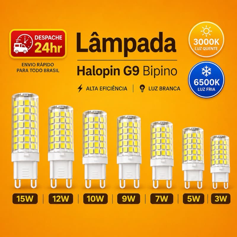 Kit 10 Lâmpadas G9 LED Halopin Bipino Bivolt 3W 5W 7W 9W 10W 12W 15W Branco Quente/Frio Para Lustres Arandelas Bivolt