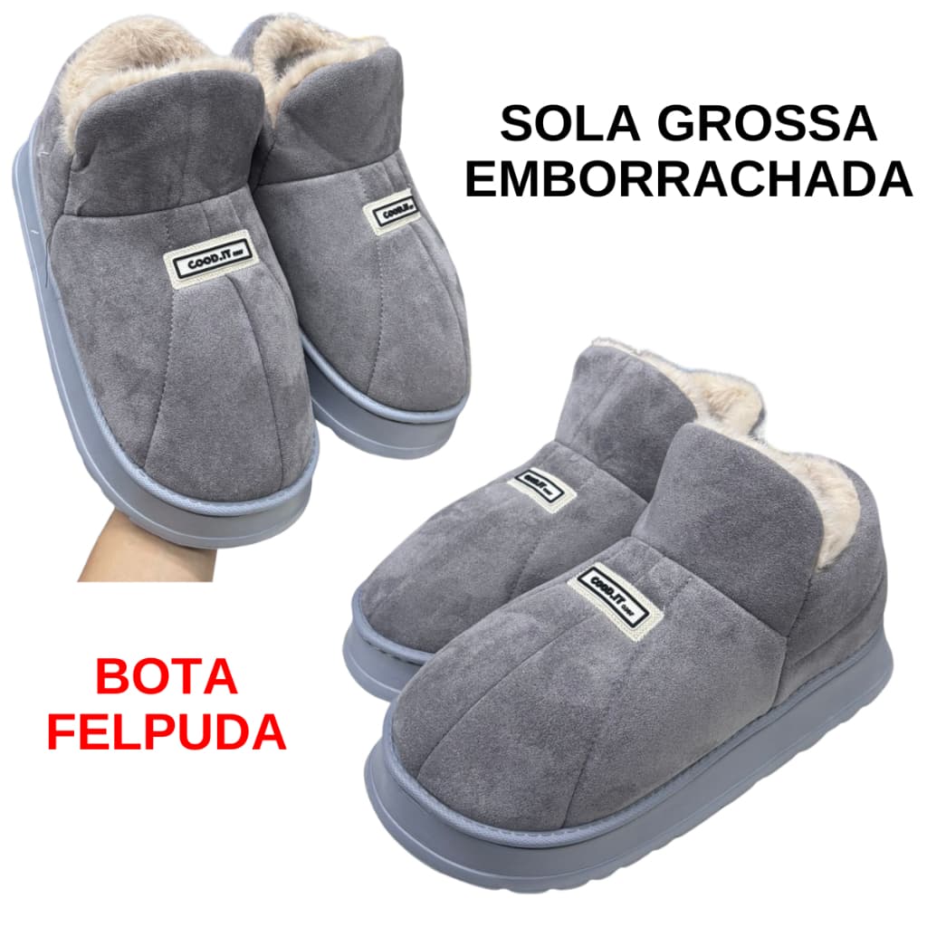 Pantufa Feminina Inverno Bota Peluciada Forrada Quente Sola Antiderrapante Confortável Casual Cinza
