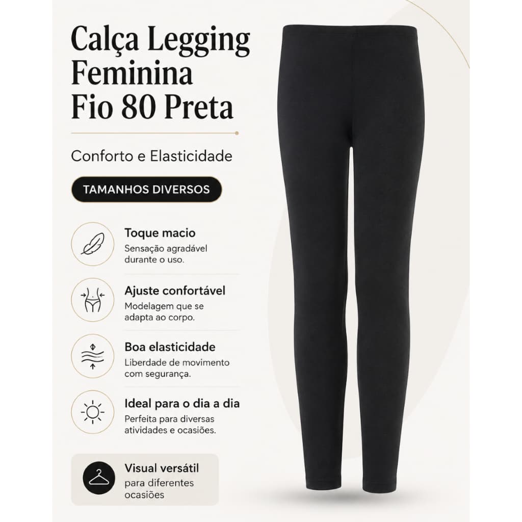 Calça Legging e Meia-calça Feminina Fio 80 Preta | Conforto e Elasticidade | Tamanhos Diversos