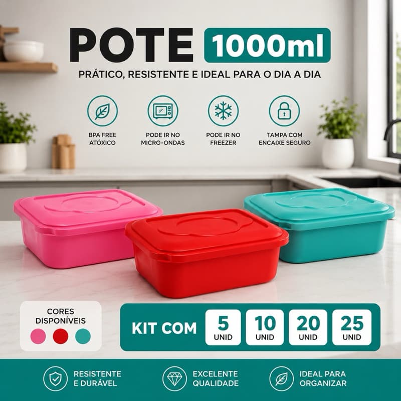 Kit Pote Plástico Retangular 1000ml Com Tampa Marmita Organizadora Freezer Cozinha