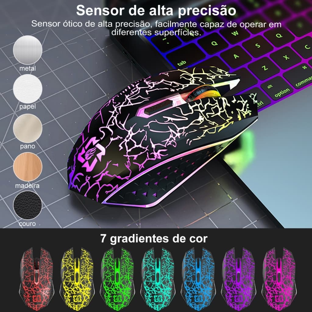 Mouse Sem Fio Bluetooth 2.4g Recarregável, 7 cores, Rgb, Led, Retroiluminado, Mouse Para Jogos, Ergonômico - 6 Botões