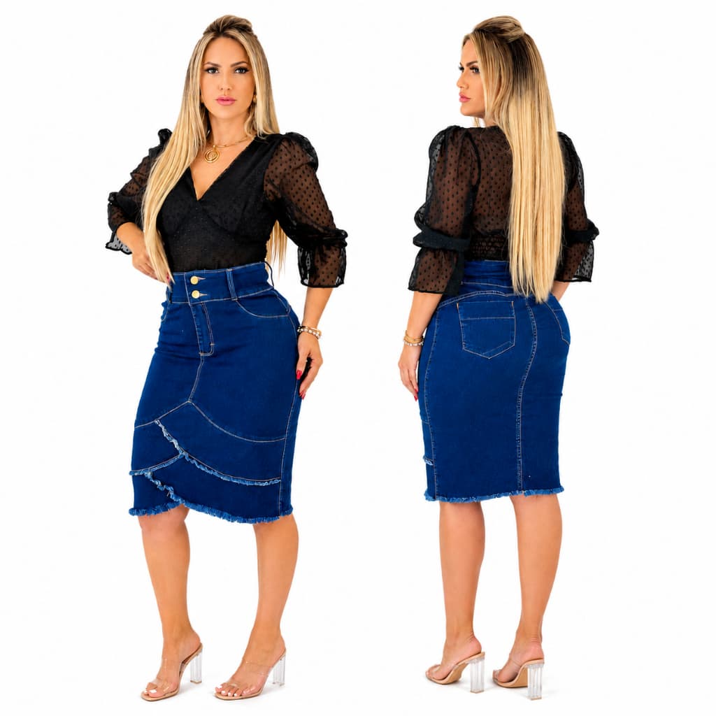 Saia Jeans Feminina Midi Com Lycra Cintura Alta Moda Evangélica Femme Leggings