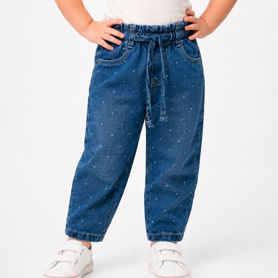 Calça Jeans Infantil Menina Cordão na Cintura Com Brilho Strass Luxo