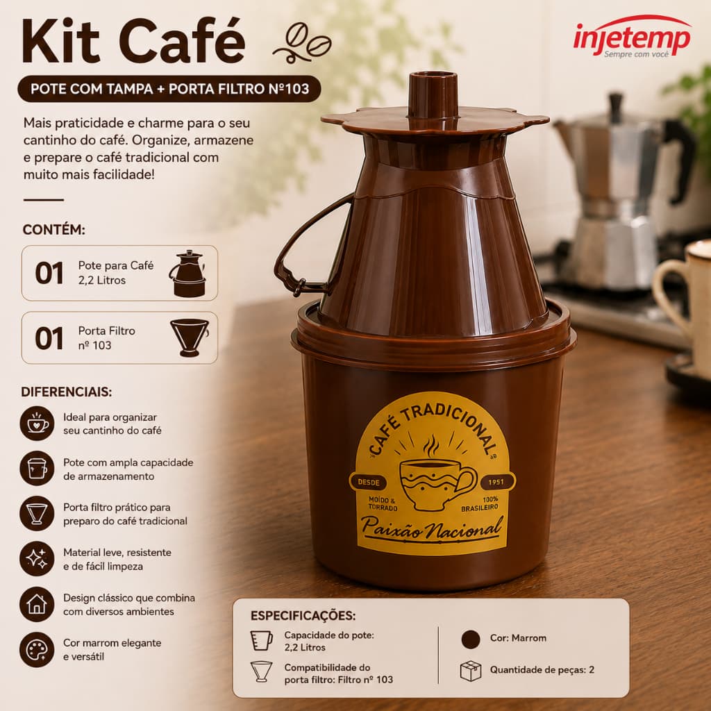 Kit Café Porta Filtro 103 e Pote 2,2L Organizador para Cozinha Pó de Café Marrom de Plástico Moderno