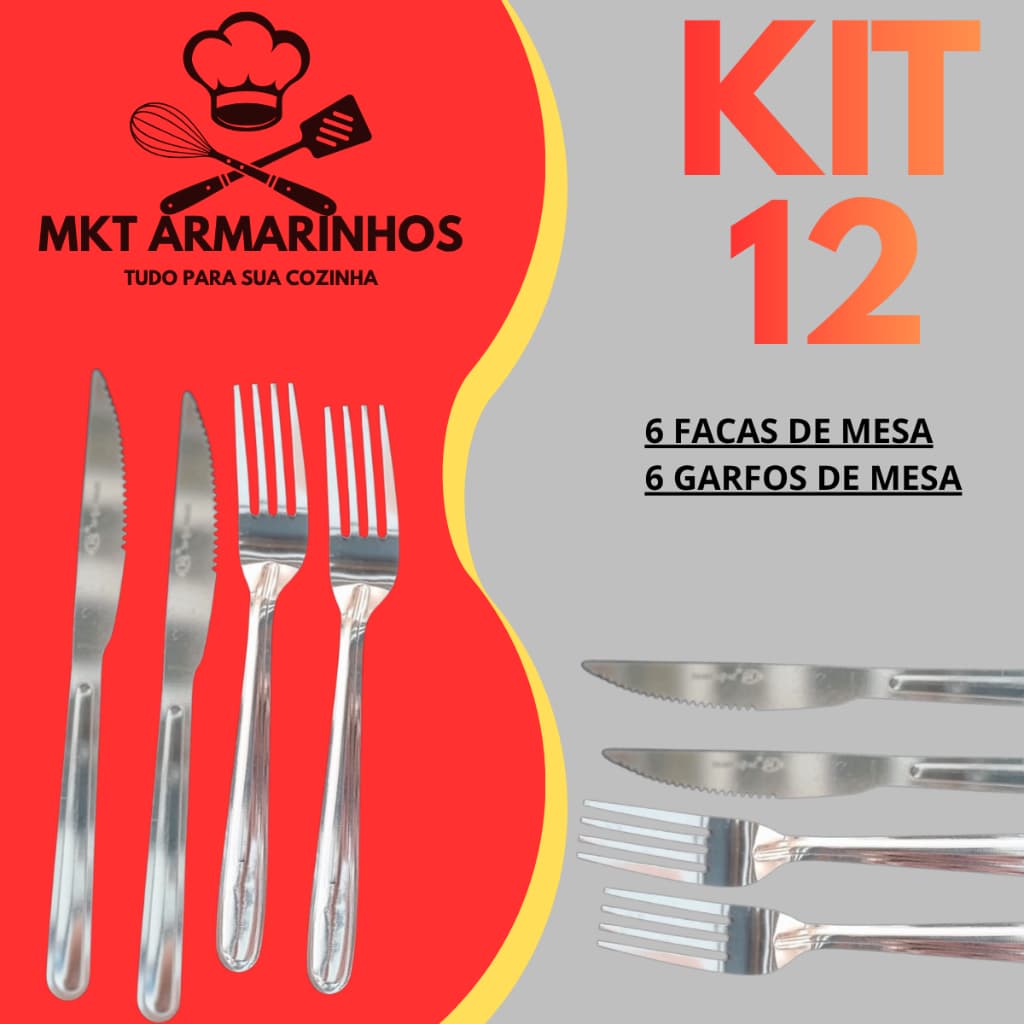 Kit 12 Talheres De Mesa 6 Facas + 6 Garfos Aço Inoxidável Resistente Restaurante Cozinha Churrasco Mesa Posta Utensilios