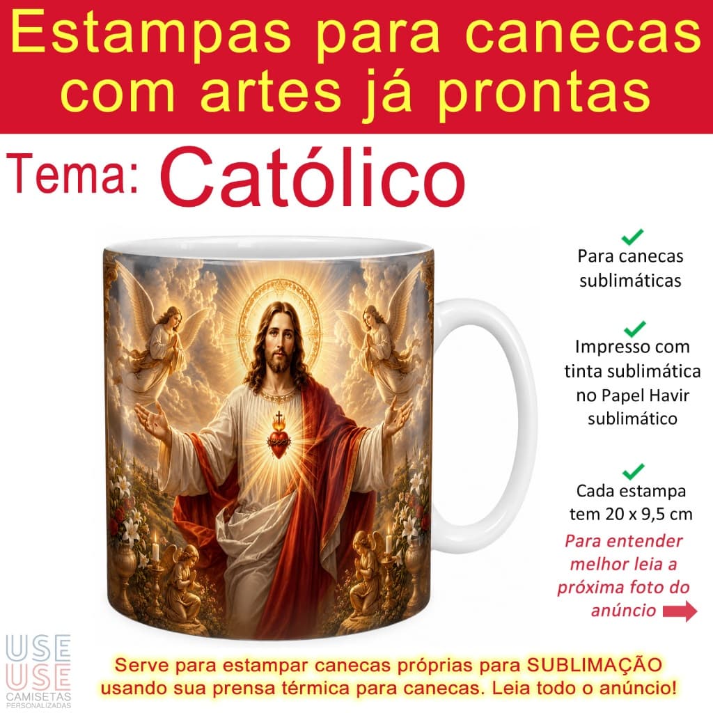 Kit 10 Artes Católicas para Canecas já impressas em folhas A4 papel sublimático Estampas prontas Religioso Cristã Santos