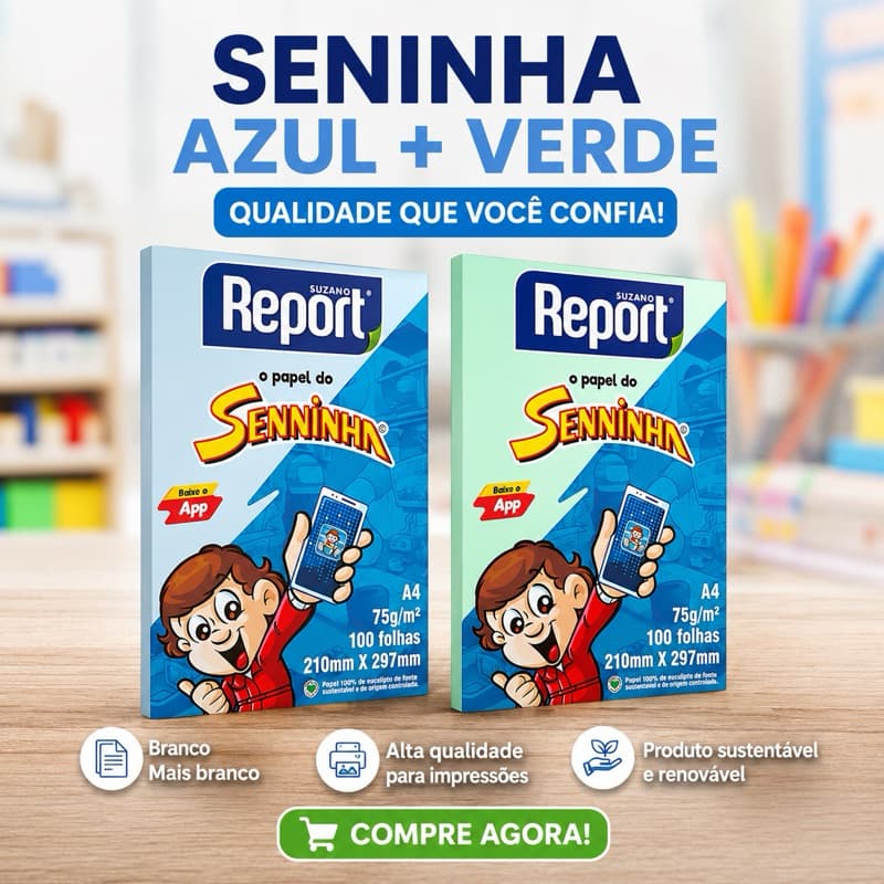 Combo 2 Cores Senninha Suzano – Azul + Verde – Papel A4 100 Folhas Sulfite 75g Suzano Escolar Escritório
