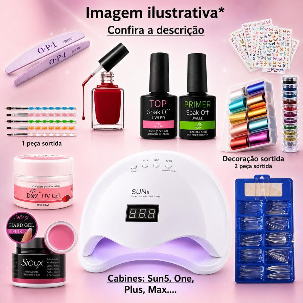 KIT Manicure de Unha + Cabine SUN 5 ONE MAX PLUS tips gel stiletto postiça broca Profissional Nail