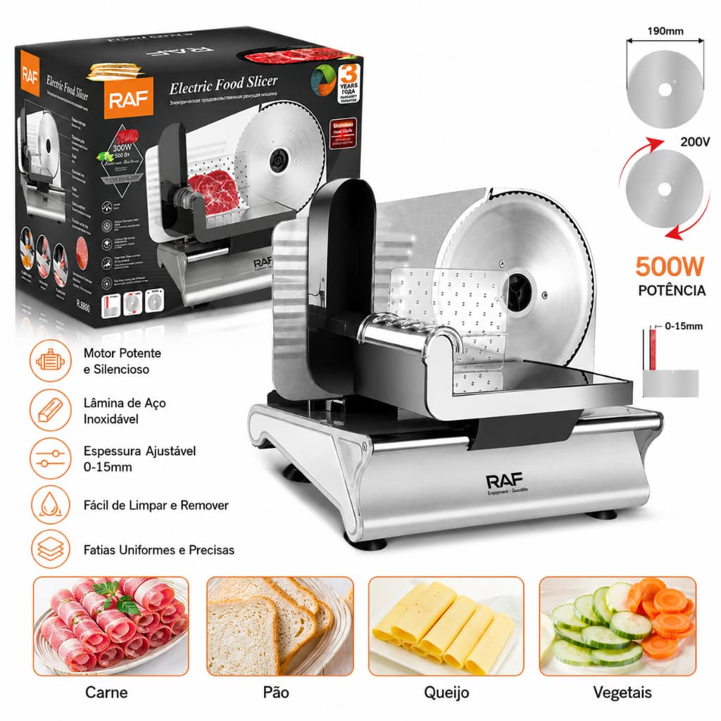 Fatiador de Frios Elétrico Profissional 200W Inox – Corta Queijos, Presuntos e Embutidos 220V