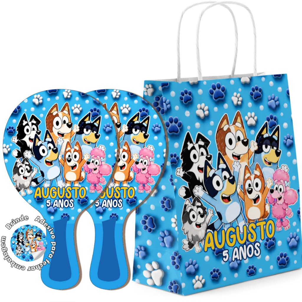 7/10/15/20/25 Kit Sacola de Papel e Raquete Ping Pong - festa aniversário Bluey e Pingo