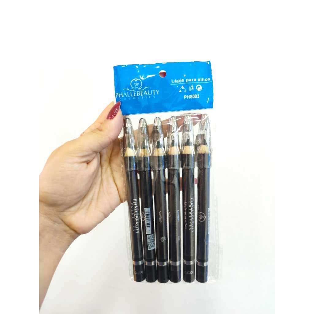 Kit com 6 Lapis de olho Preto com apontador Phallebeauty PH8003- Atacado