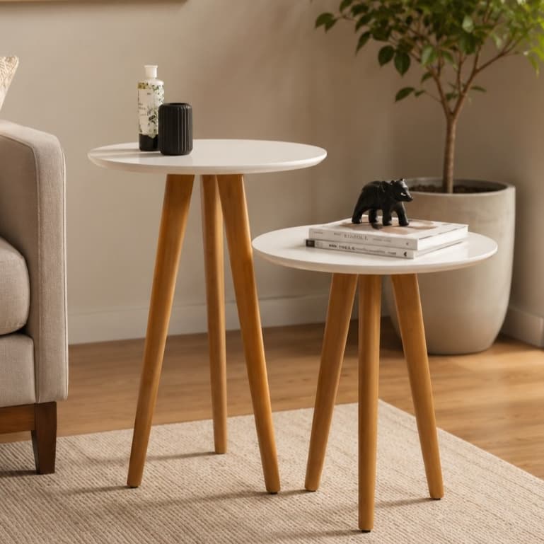 Conjunto 2  Mesa Lateral e Mesa de Apoio Off White MDF com Pés Palito para Sala Ofertamo 4202