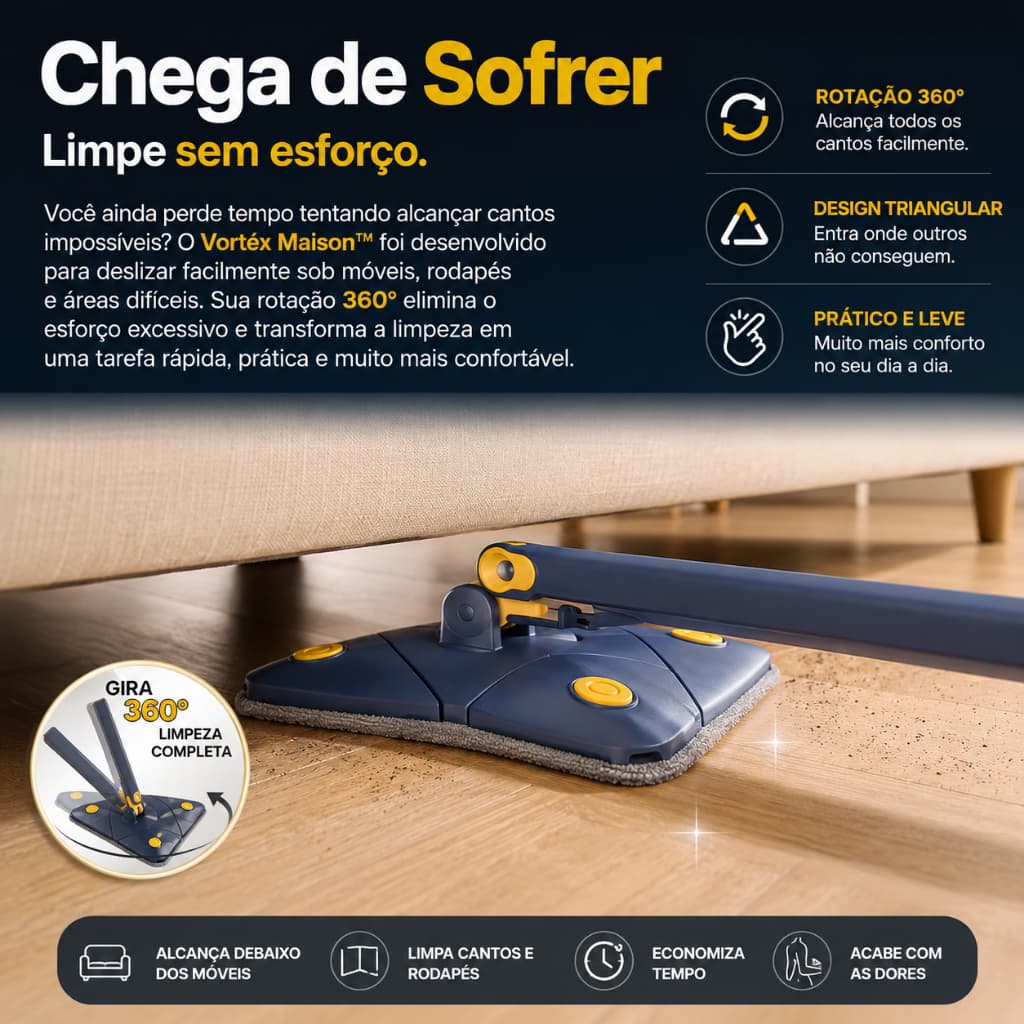 Mop Giratório 360° Triangular Limpeza Multifuncional Para Piso Parede Vidro Cantos Difíceis
