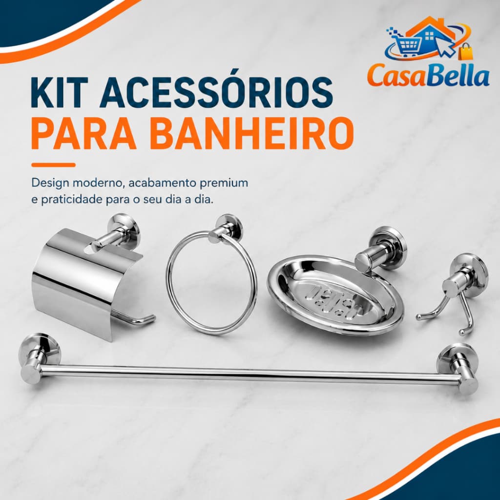 Kit Banheiro Completo em Aço Inox Cromado Luxo Alta Resistência