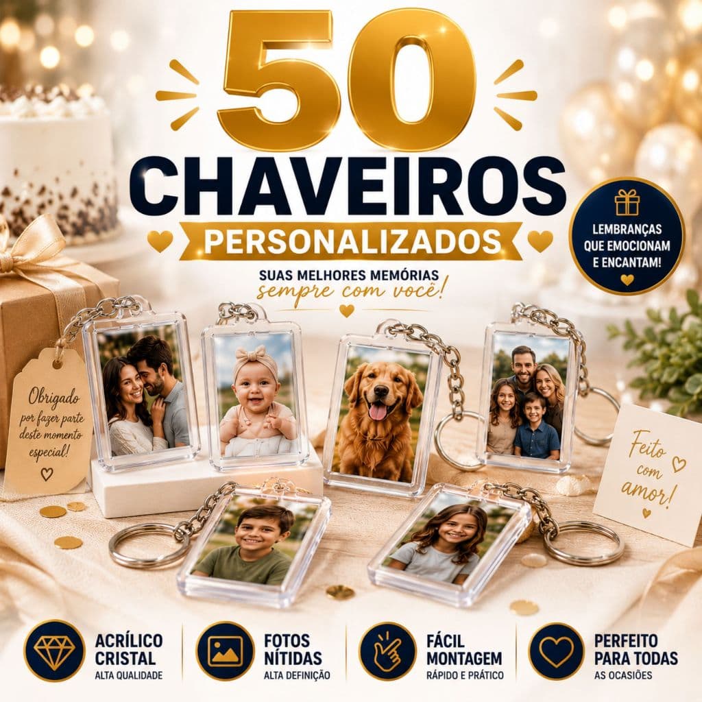 Kit 50 Chaveiros Acrilicos 3x4 Personalizado Foto Brindes Lembrancinhas Festas Eventos Empresas