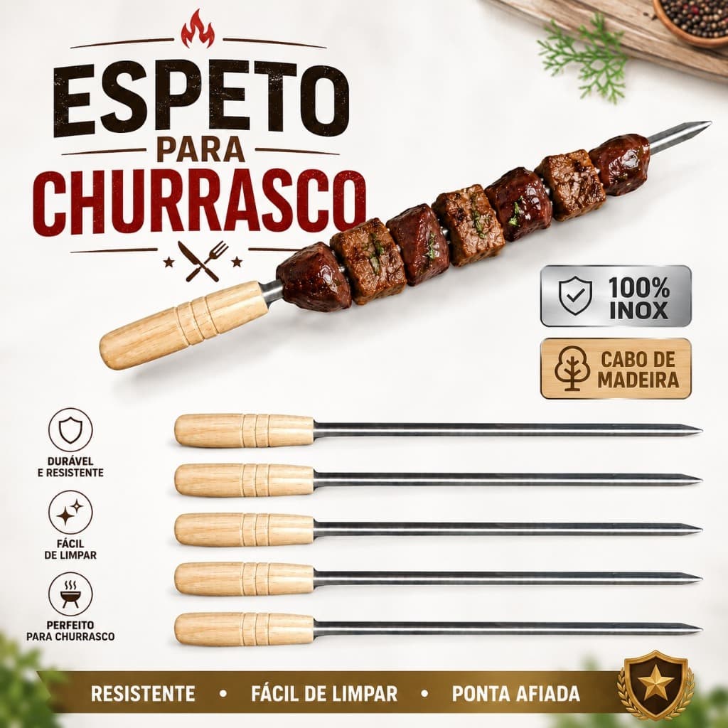 Kit 5 Mini Espeto  Para Churrasco Aço Inox   31CM Reutilizável